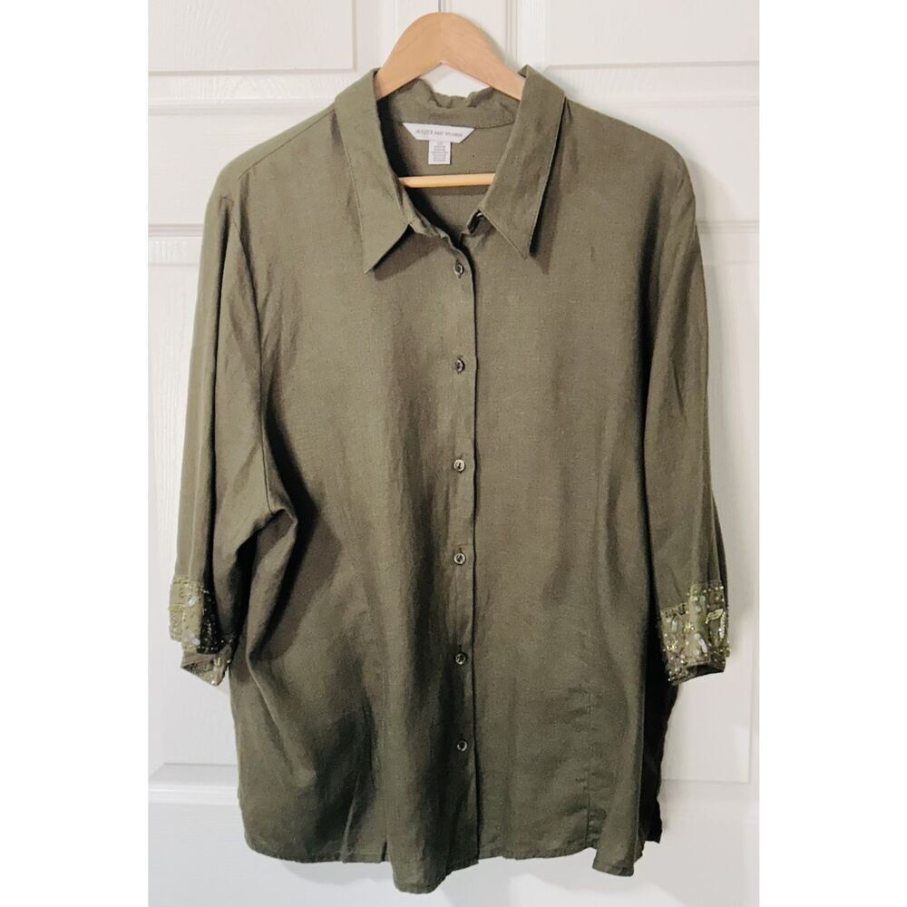 August Max Women's Petite 2XP Green Button Down 100% Linen 3/4 Sleeve Beaded